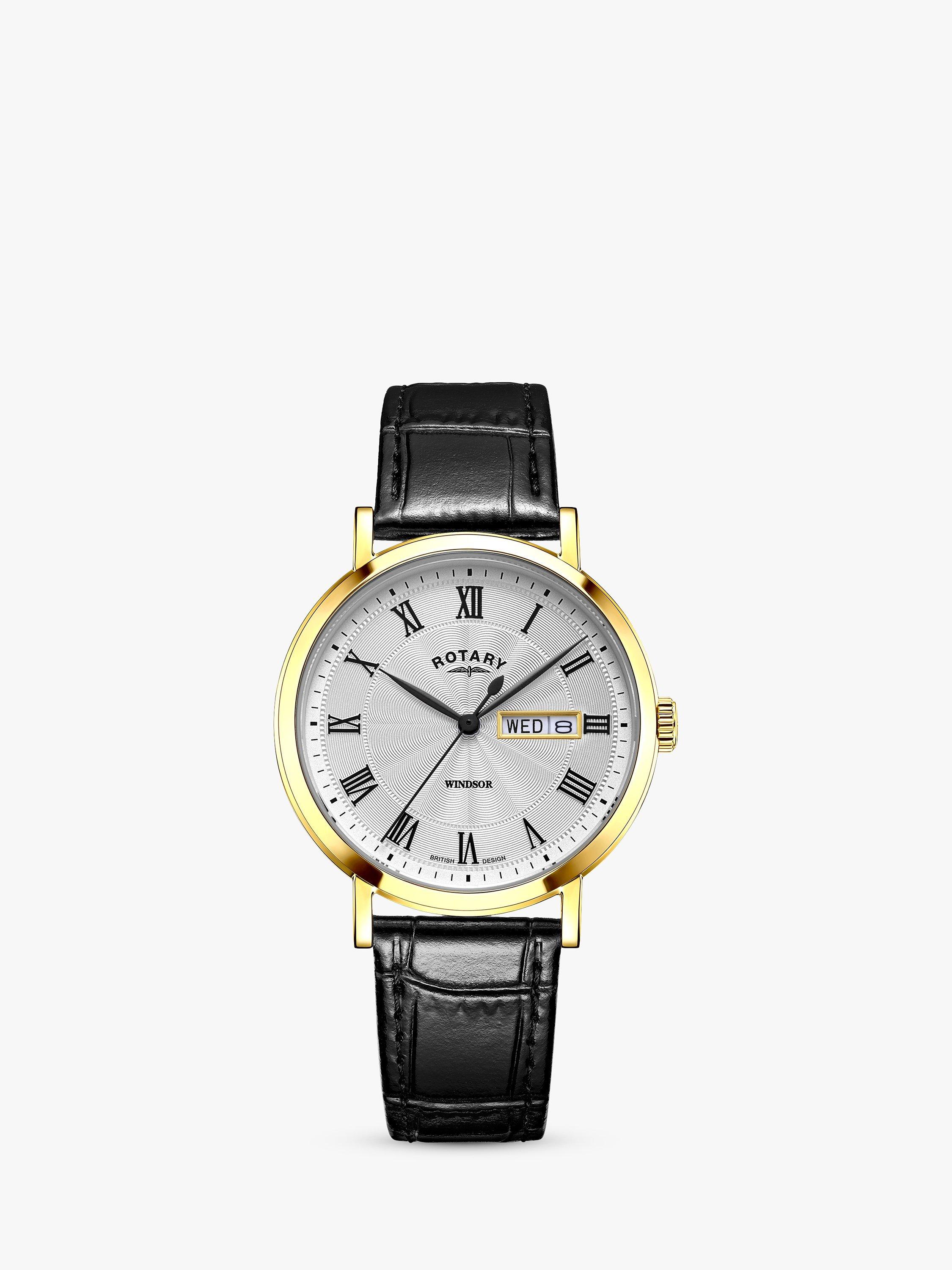 Rotary GS05423 01 Men s Windsor Day Date Leather Strap Watch Black Gold White