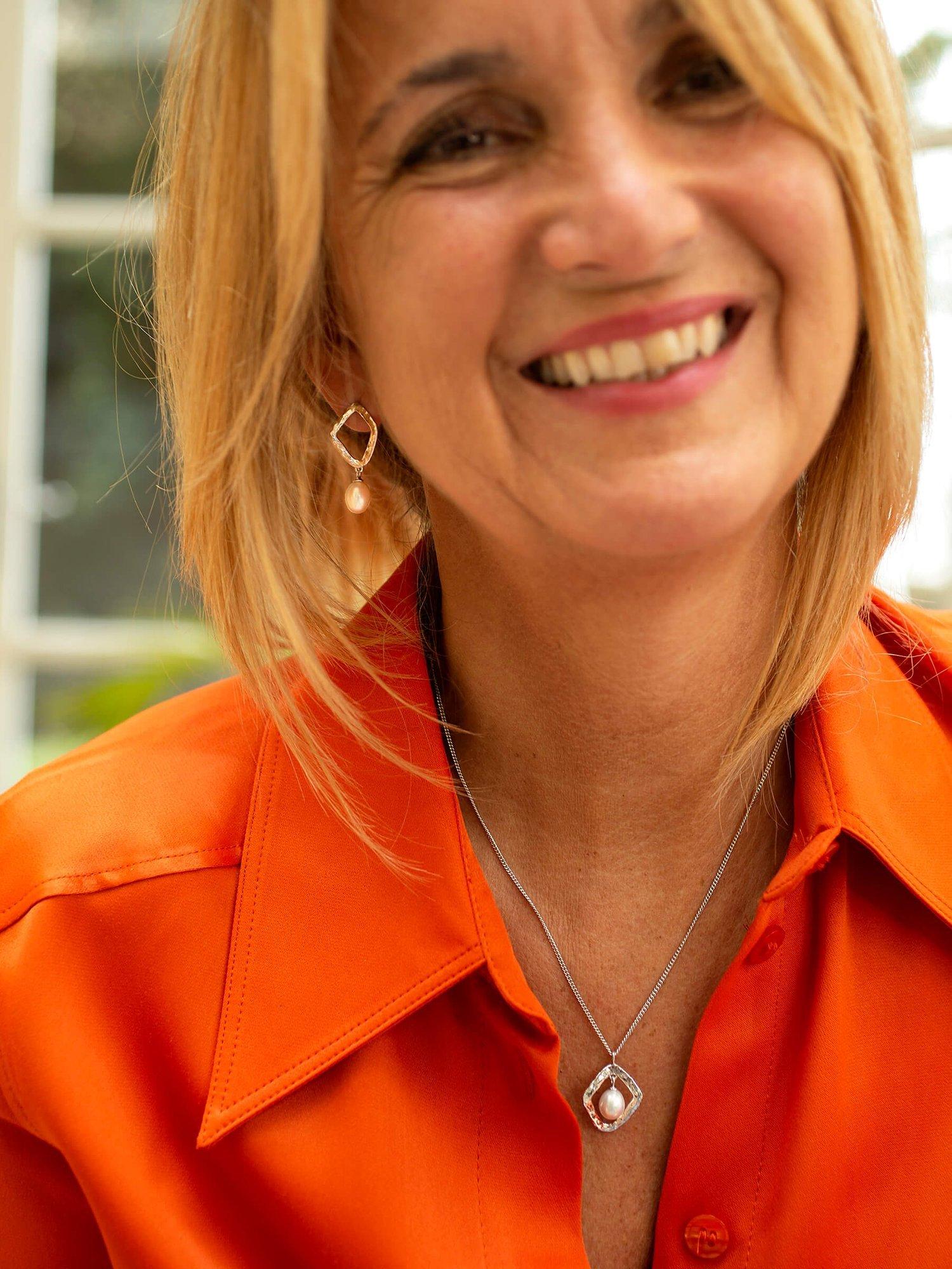 Product image 2 of 4, which shows Claudia Bradby Hammered Rhombus Freshwater Pearl Necklace, Silver