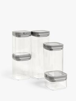 John Lewis Flip Lock Airtight Square Storage Containers, Set of 5, Clear/Grey