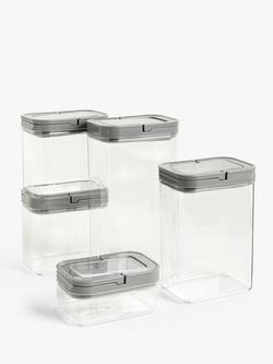 John Lewis Flip Lock Airtight Rectangular Storage Containers, Set of 5, Clear/Grey