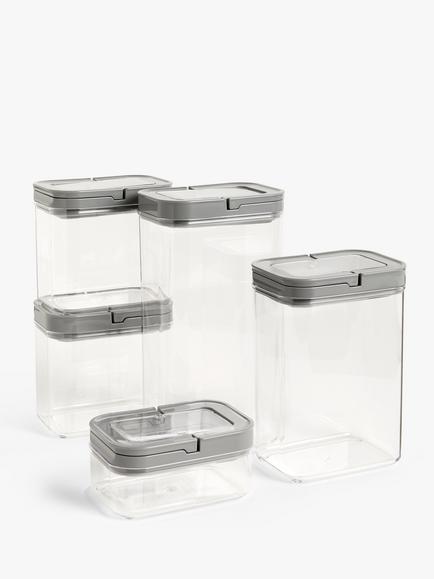 John Lewis Flip Lock Airtight Rectangular Storage Containers, Set of 5, Clear/Grey