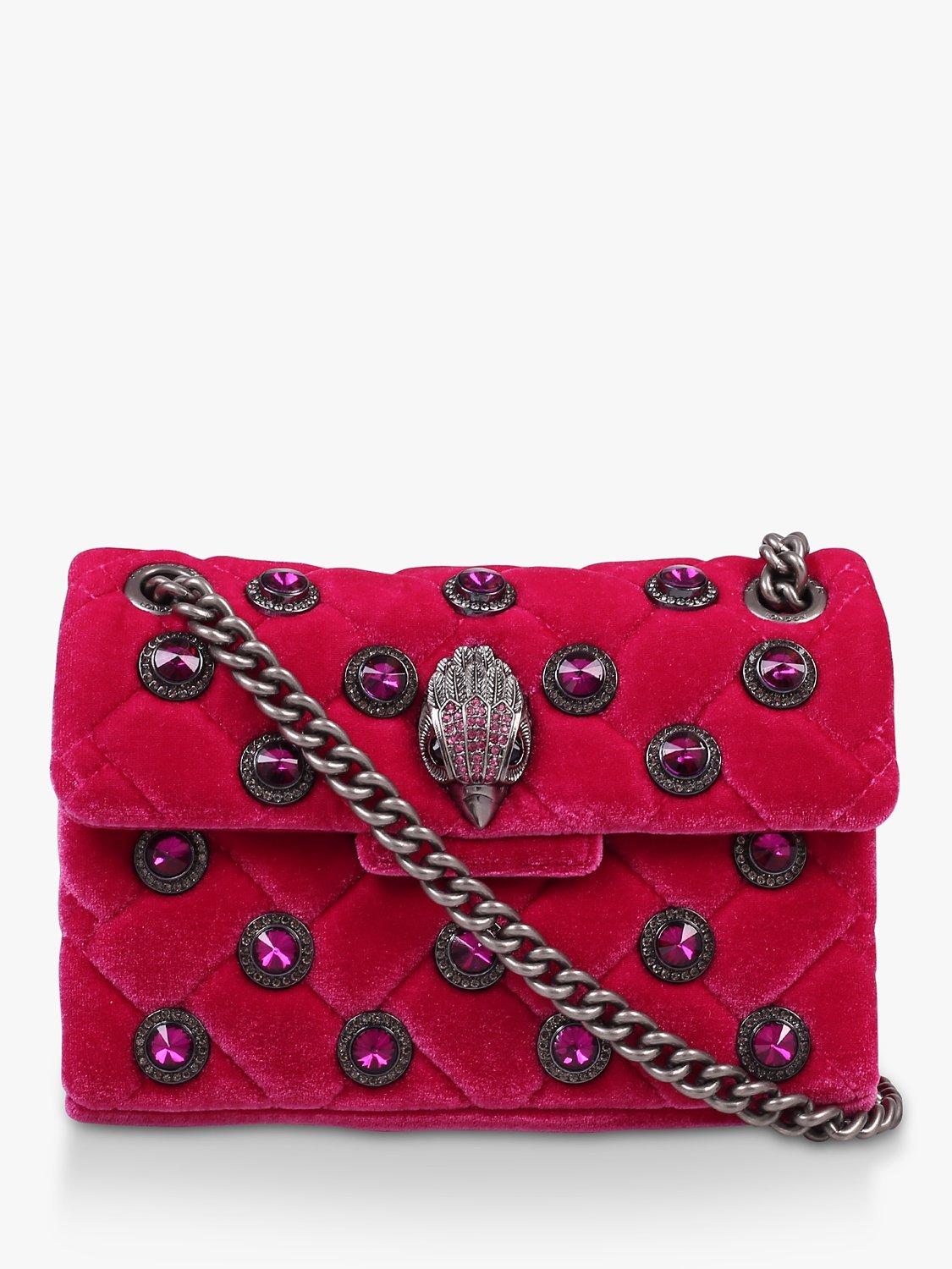 Product image 1 of 4, which shows Kurt Geiger London Kensington Gem Embellished Velvet Mini Bag, Fuchsia Pink