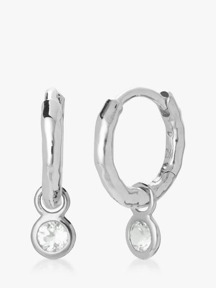 Monica Vinader Mini Gem Huggie Drop Earrings, Silver/White Topaz, Silver
