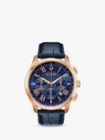 Bulova 97B170 Men's Wilton Date Chronograph Leather Strap Watch, Blue/Rose Gold