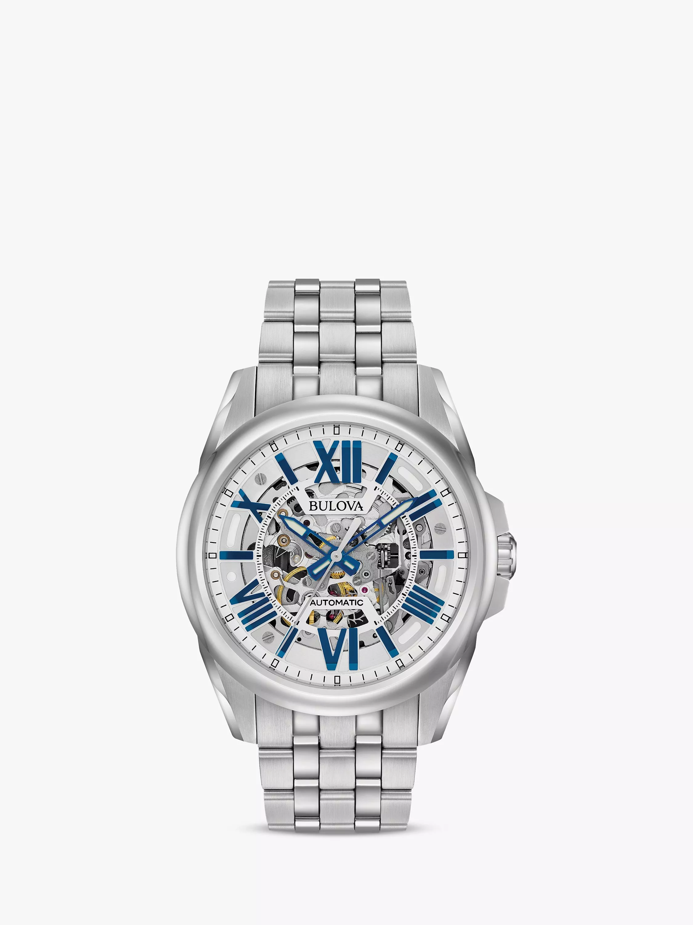 Bulova 96A187 Men's Wilton Automatic Skeleton Dial Bracelet Strap Watch, Silver/Blue