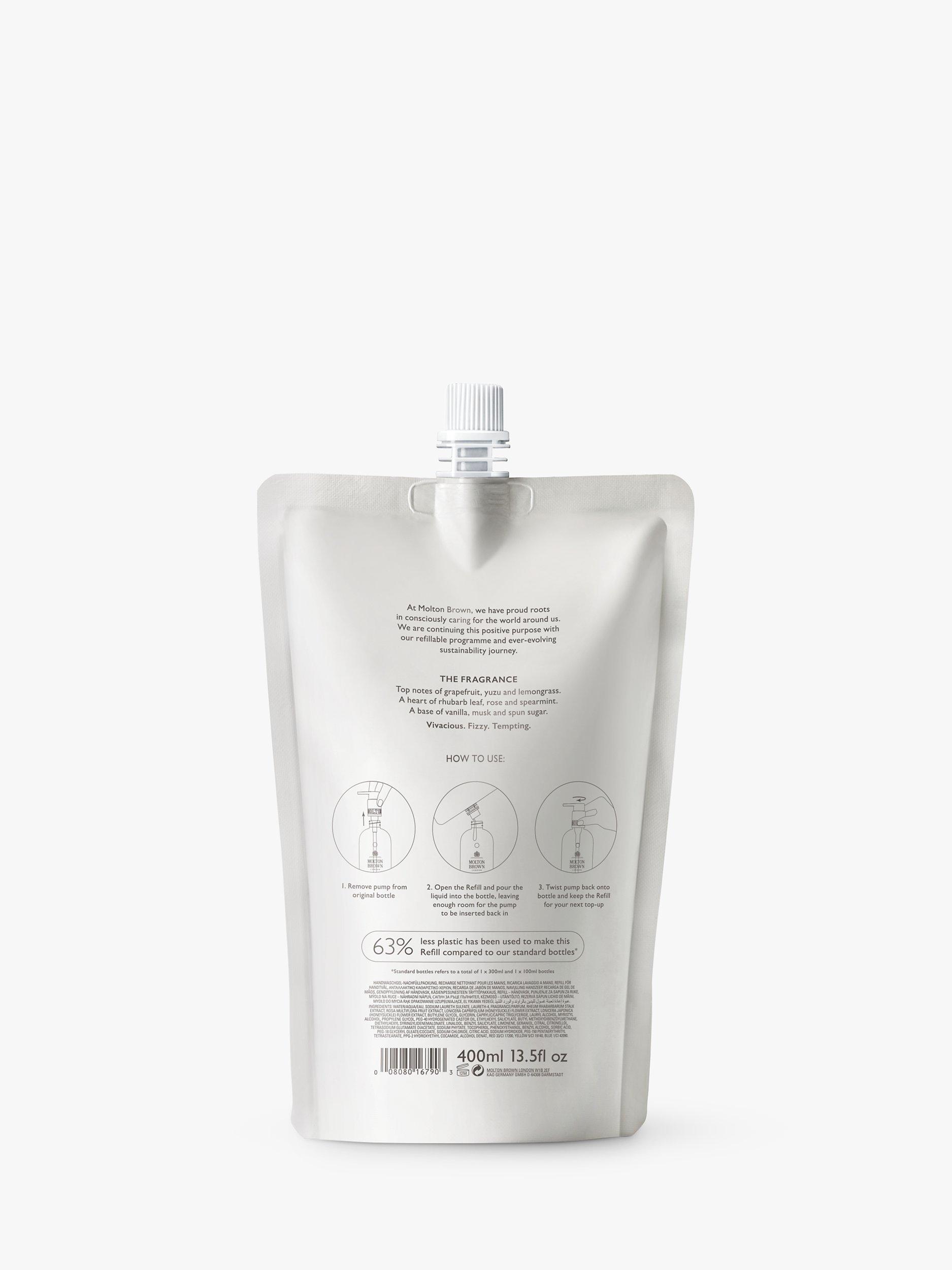Product image 3 of 3, which shows Molton Brown Delicious Rhubarb & Rose Fine Liquid Hand Wash Refill, 400ml