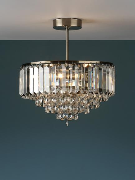Laura Ashley Vienna Crystal Semi Flush Ceiling Light, Clear/Antique Brass