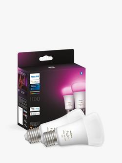 Philips Hue White and Colour Ambiance Wireless Lighting LED Colour Changing Light Bulb with Bluetooth, 9W A60 E27 Edison Screw Bulb, Pack of 2, White