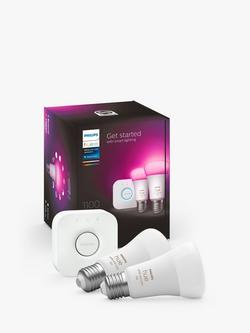 Philips Hue White and Colour Ambiance Wireless Lighting LED Starter Kit with 2 E27 Bulbs with Bluetooth & Bridge, White
