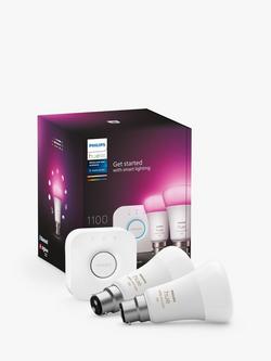 Philips Hue White and Colour Ambiance Wireless Lighting LED Starter Kit with 2 B22 Bulbs with Bluetooth & Bridge, White
