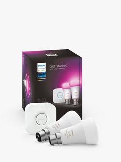 Philips Hue White and Colour Ambiance Wireless Lighting LED Starter Kit with 2 B22 Bulbs with Bluetooth & Bridge - view 2, White