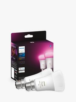 Philips Hue White and Colour Ambiance Wireless Lighting LED Colour Changing Light Bulb with Bluetooth, 9W A60 B22 Bayonet Cap Bulb, Pack of 2, White