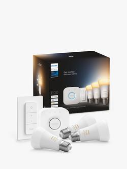 Philips Hue White Ambiance Wireless Lighting LED Starter Kit with 3 E27 Bulbs with Bluetooth, Dimmer Switch & Bridge, White