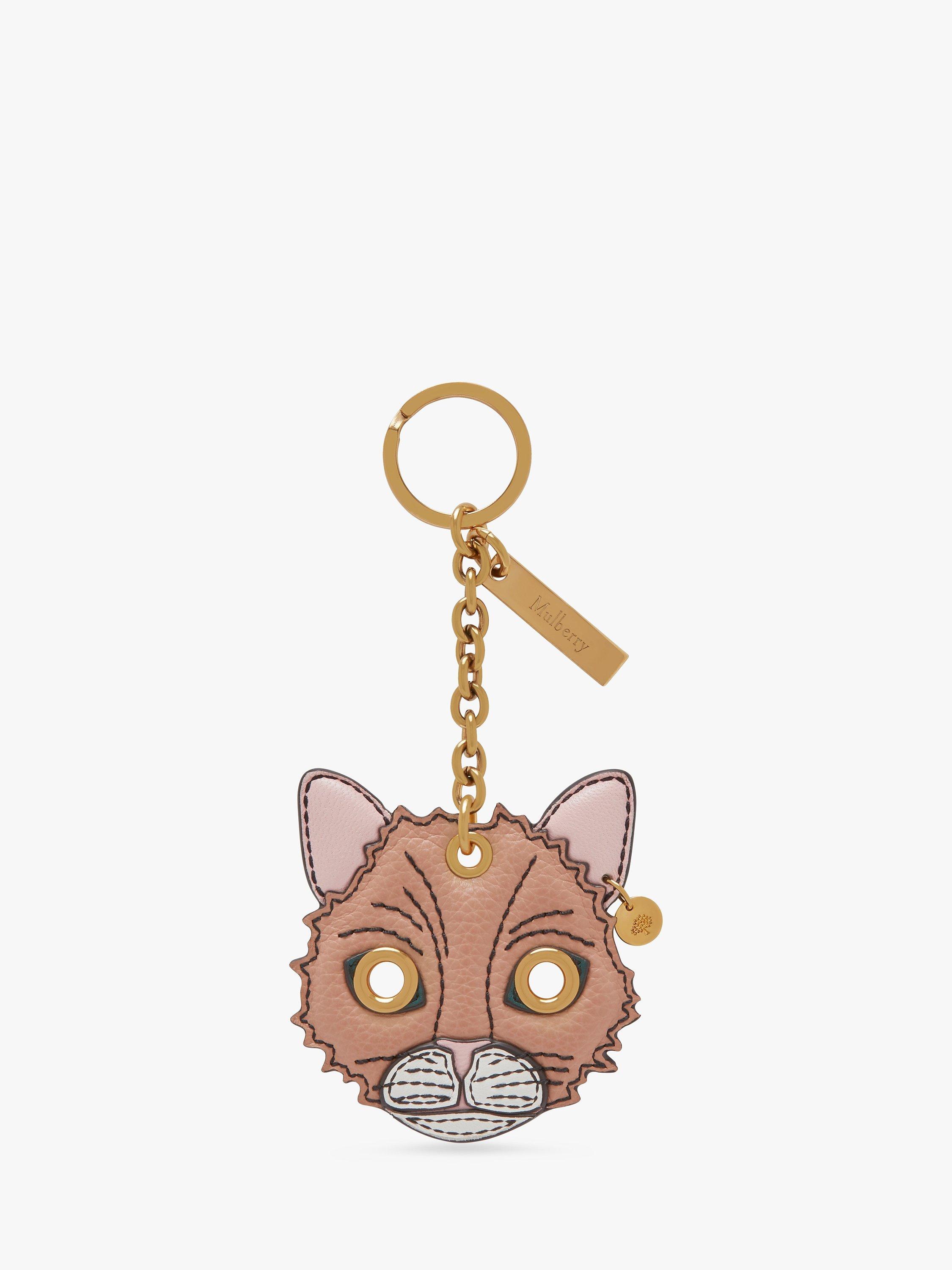 Mulberry Small Classic Grain Leather Fluffy Cat Keyring, Light Walnut/Icy Pink