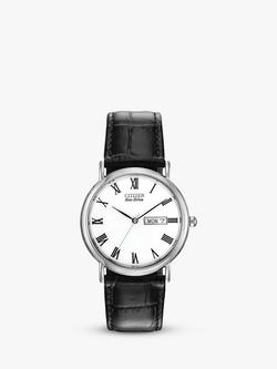 Citizen BM8240-11A Men's Eco-Drive Date Leather Strap Watch, Black/White, Black/White