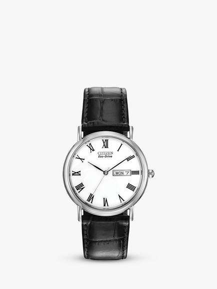 Citizen BM8240-11A Men's Eco-Drive Date Leather Strap Watch, Black/White, Black/White