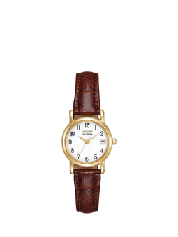 Citizen EW1272-01A Women's Eco-Drive Leather Strap Watch, Brown/White, Brown/White