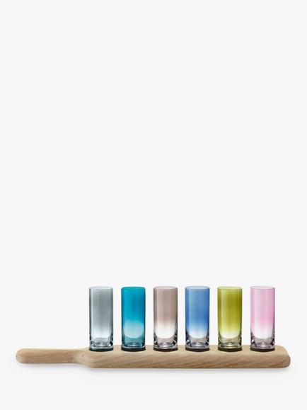 LSA International Oak Wood Paddle Board 6 Vodka Shot Glasses Set, Assorted/Natural, Assorted/Natural