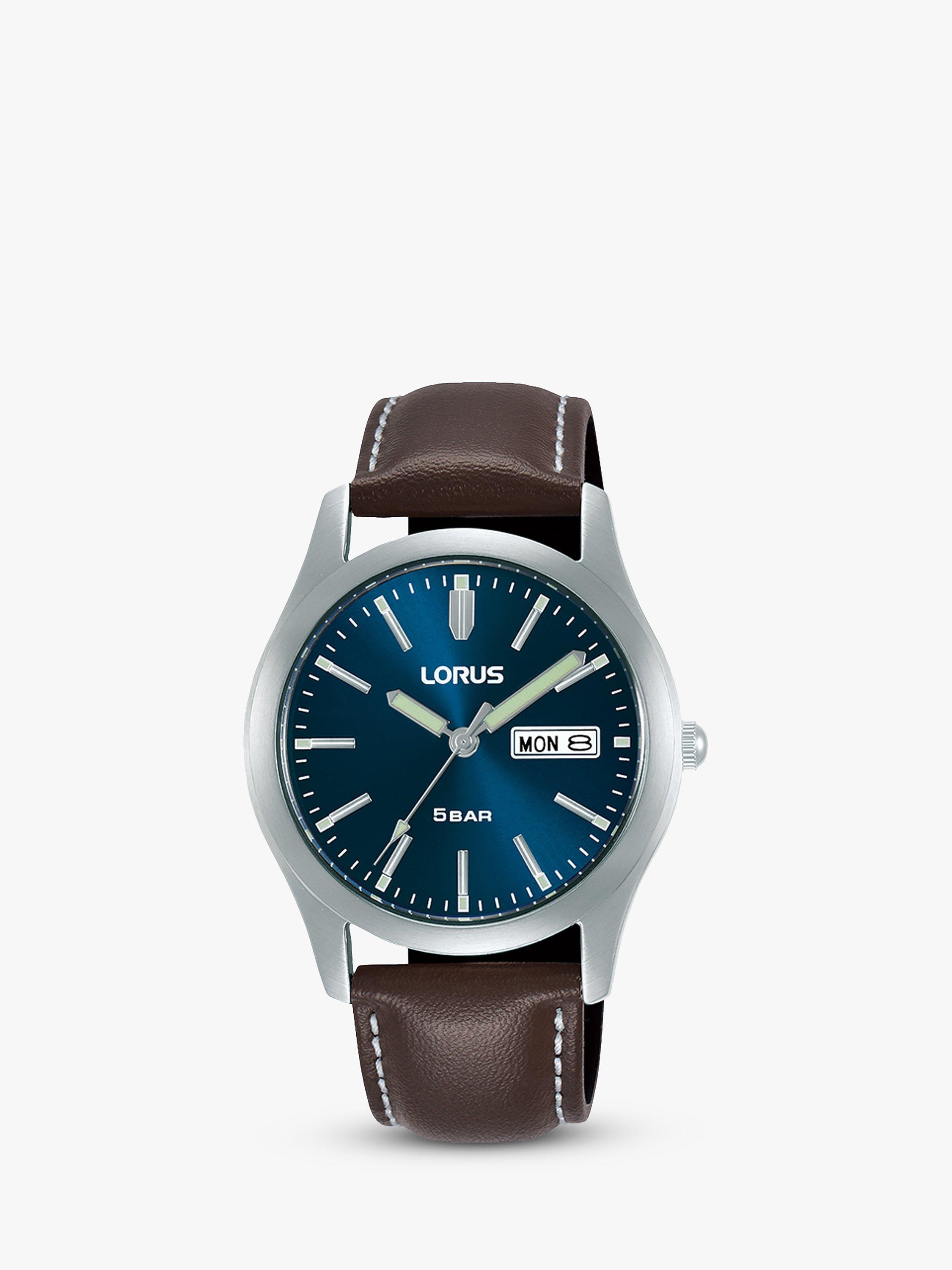 Product image 1 of 5, which shows Lorus RXN81DX9 Men's Classic Day Date Leather Strap Watch, Brown/Blue