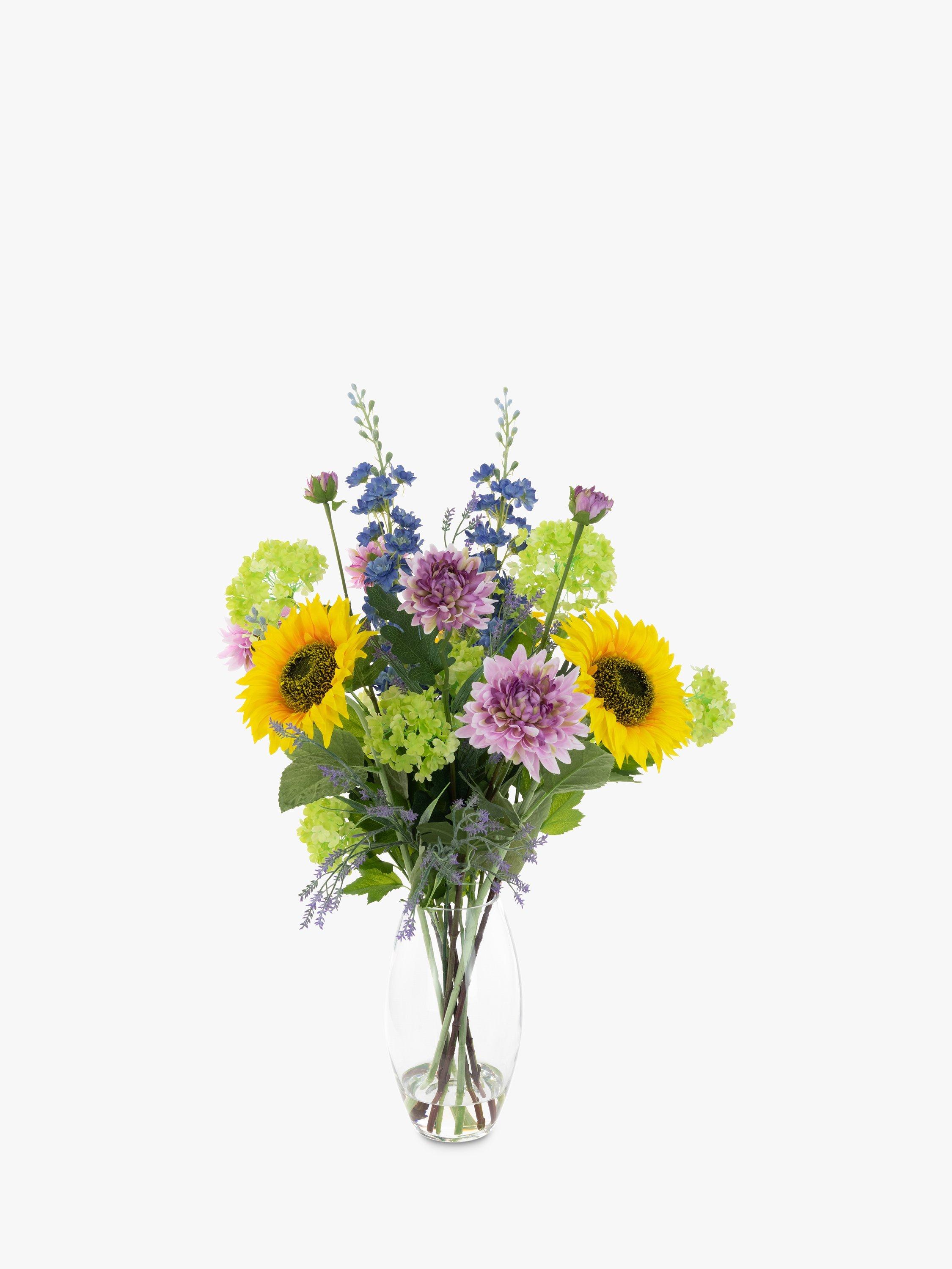 Floral Mixed Artificial Sunflowers Arrangement in shops Clear Glass Vase Faux