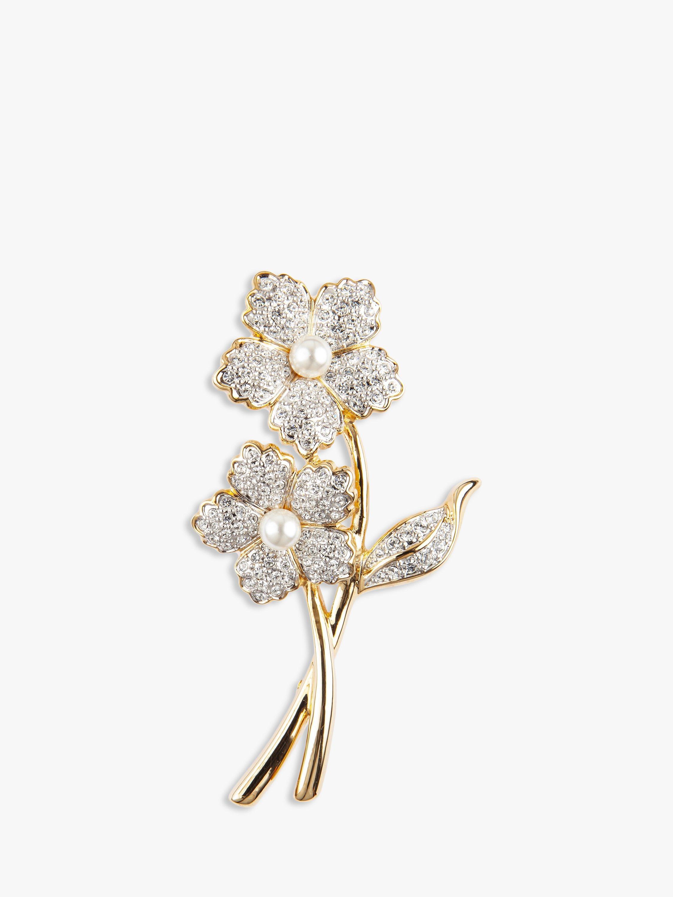 Product image 1 of 1, which shows Eclectica Pre-Loved 22ct Gold Plated Swarovski Crystal & Faux Pearls Floral Stem Brooch, Dated Circa 1990s, Gold