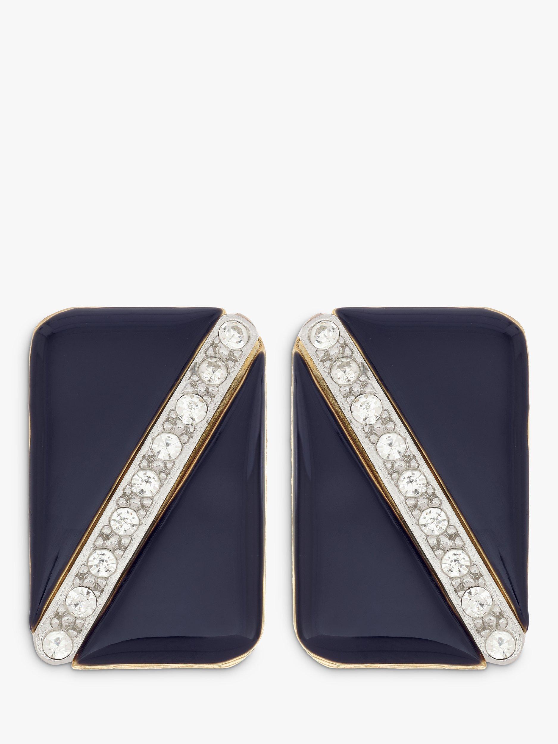 Product image 1 of 2, which shows Eclectica Pre-Loved Rounded Square Enamel & Swarovski Crystals Clip-on Earrings, Dated Circa 1980s, Black