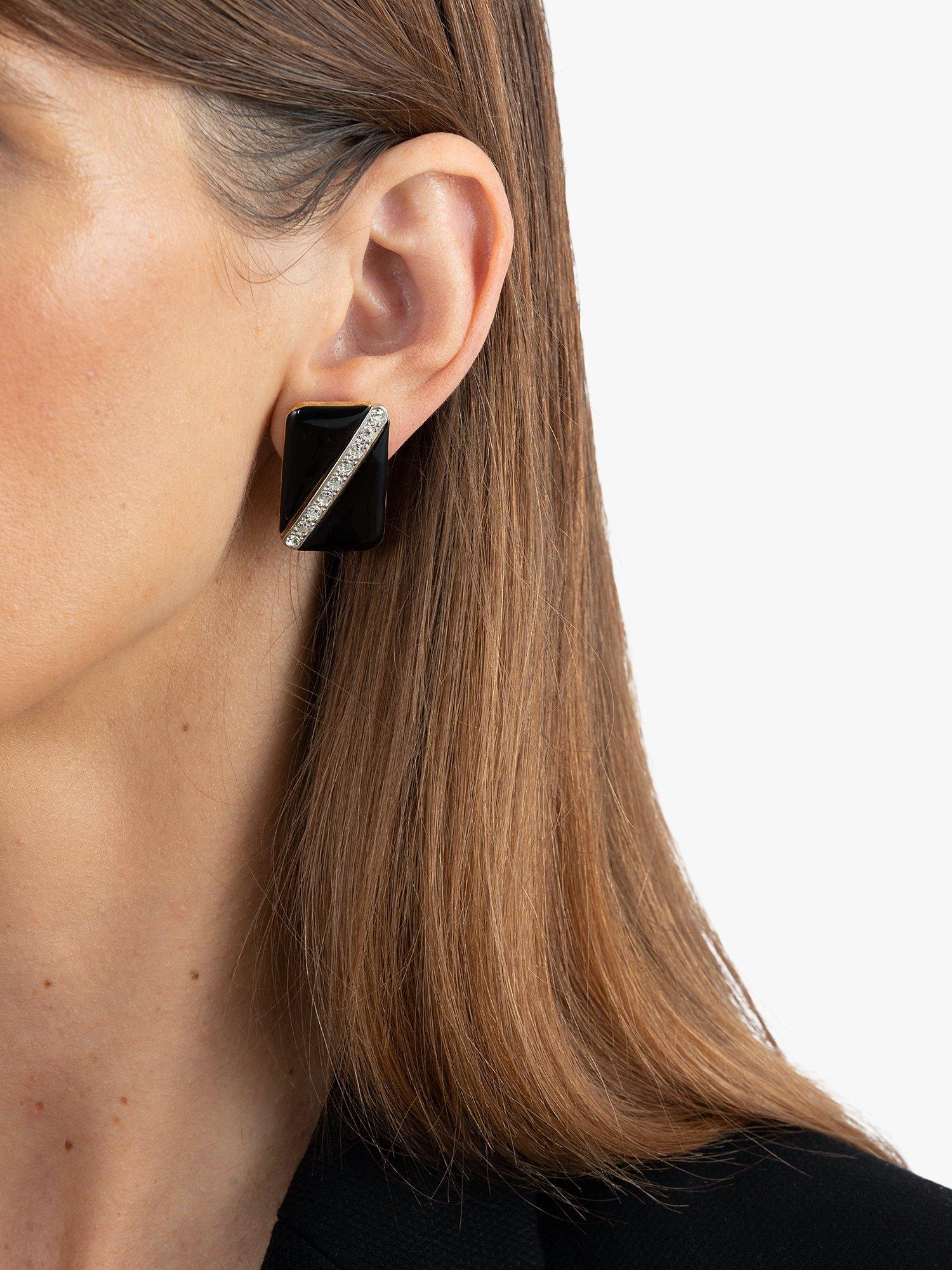 Product image 2 of 2, which shows Eclectica Pre-Loved Rounded Square Enamel & Swarovski Crystals Clip-on Earrings, Dated Circa 1980s, Black