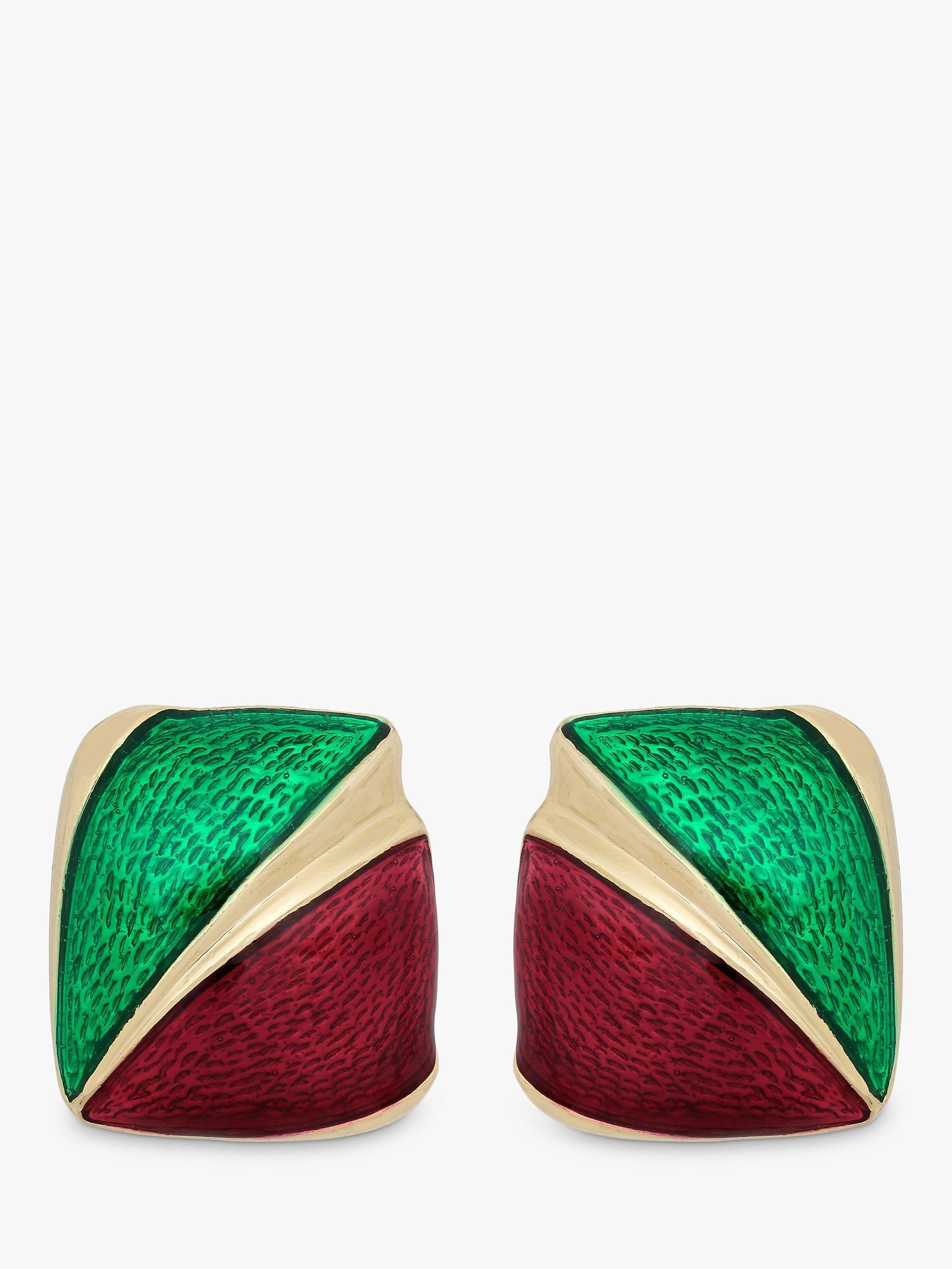 Product image 1 of 2, which shows Eclectica Pre-Loved 22ct Gold Plated Duo Enamel Shield Clip-on Earrings, Dated Circa 1980s, Red/Green/Gold