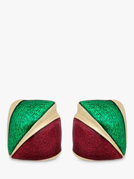 Eclectica Pre-Loved 22ct Gold Plated Duo Enamel Shield Clip-on Earrings, Dated Circa 1980s, Red/Green/Gold, Red/Green/Gold