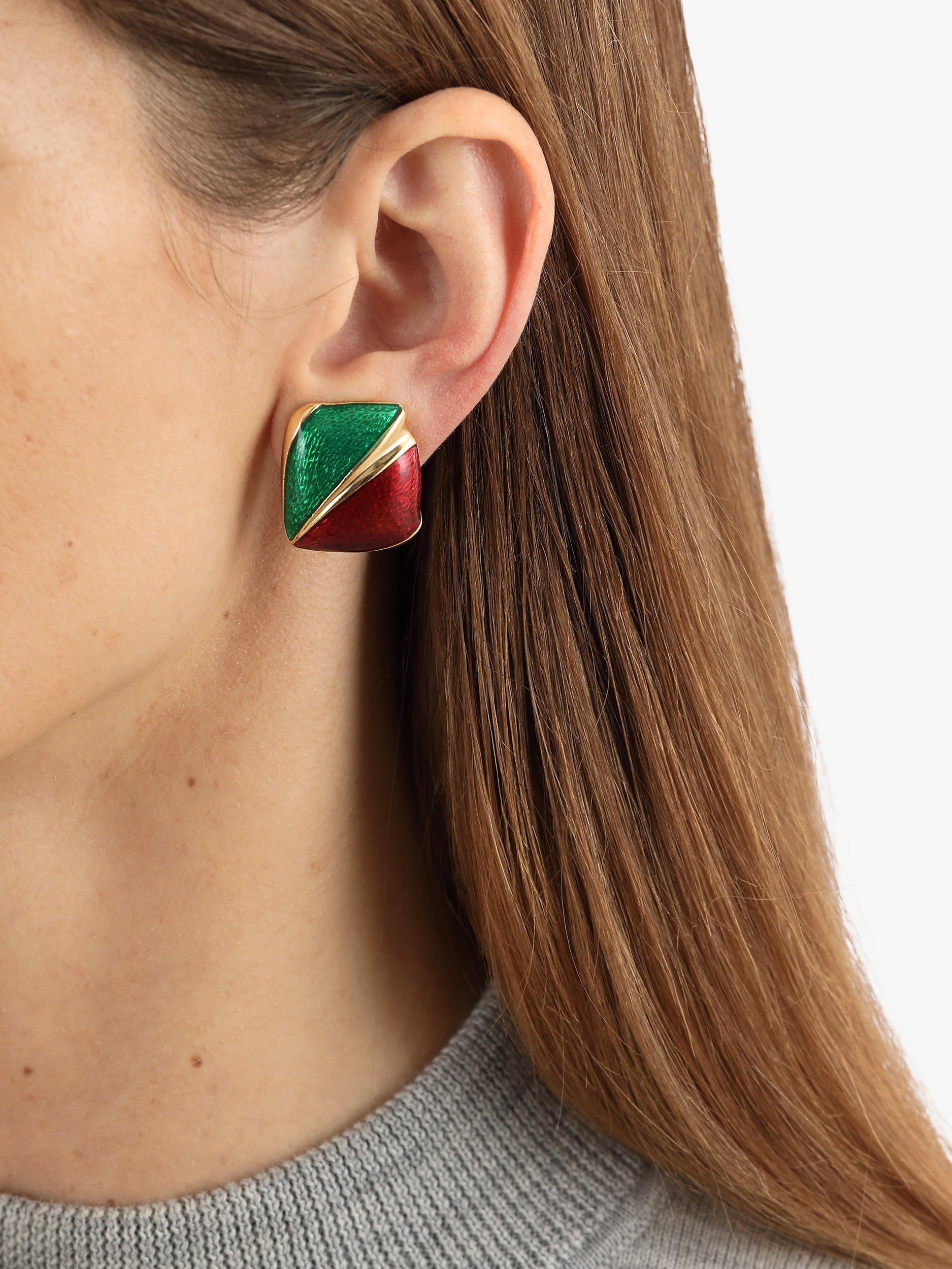 Product image 2 of 2, which shows Eclectica Pre-Loved 22ct Gold Plated Duo Enamel Shield Clip-on Earrings, Dated Circa 1980s, Red/Green/Gold