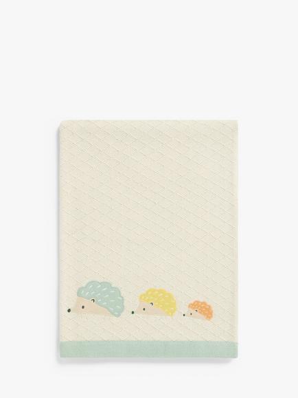 John Lewis Oh My Darling Hedgehog Cotton Knitted Blanket, 100 x 75cm, Cream/Multi