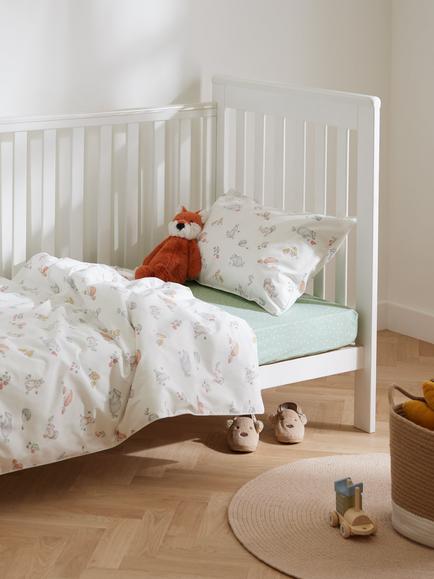 John Lewis Oh My Darling Woodland Print Toddler Pure Cotton Duvet Cover and Pillowcase Set, White/Multi