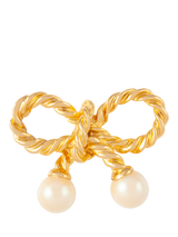 Susan Caplan Pre-Loved Gold Plated Faux Pearl Textured Bow Brooch, Dated Circa 1980s