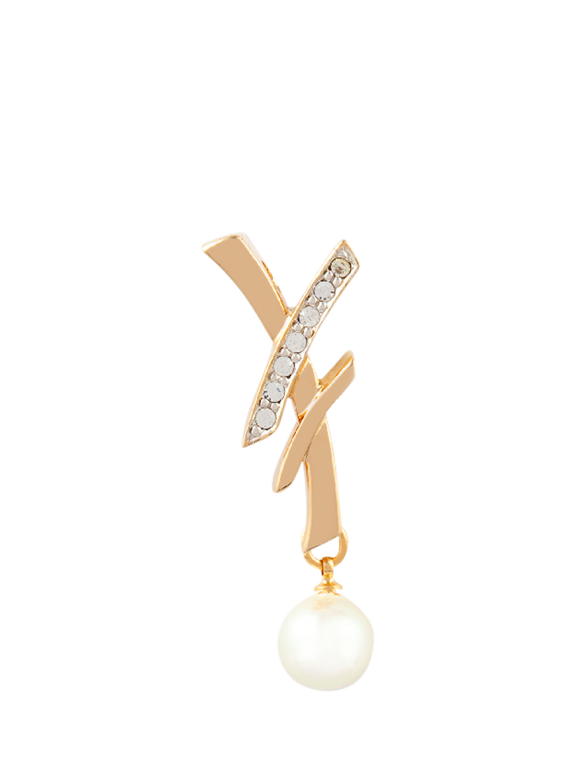 Product image 1 of 1, which shows Susan Caplan Pre-Loved Gold Plated Swarovski Crystal & Faux Pearl Drop Brooch, Dated Circa 2000s, Gold