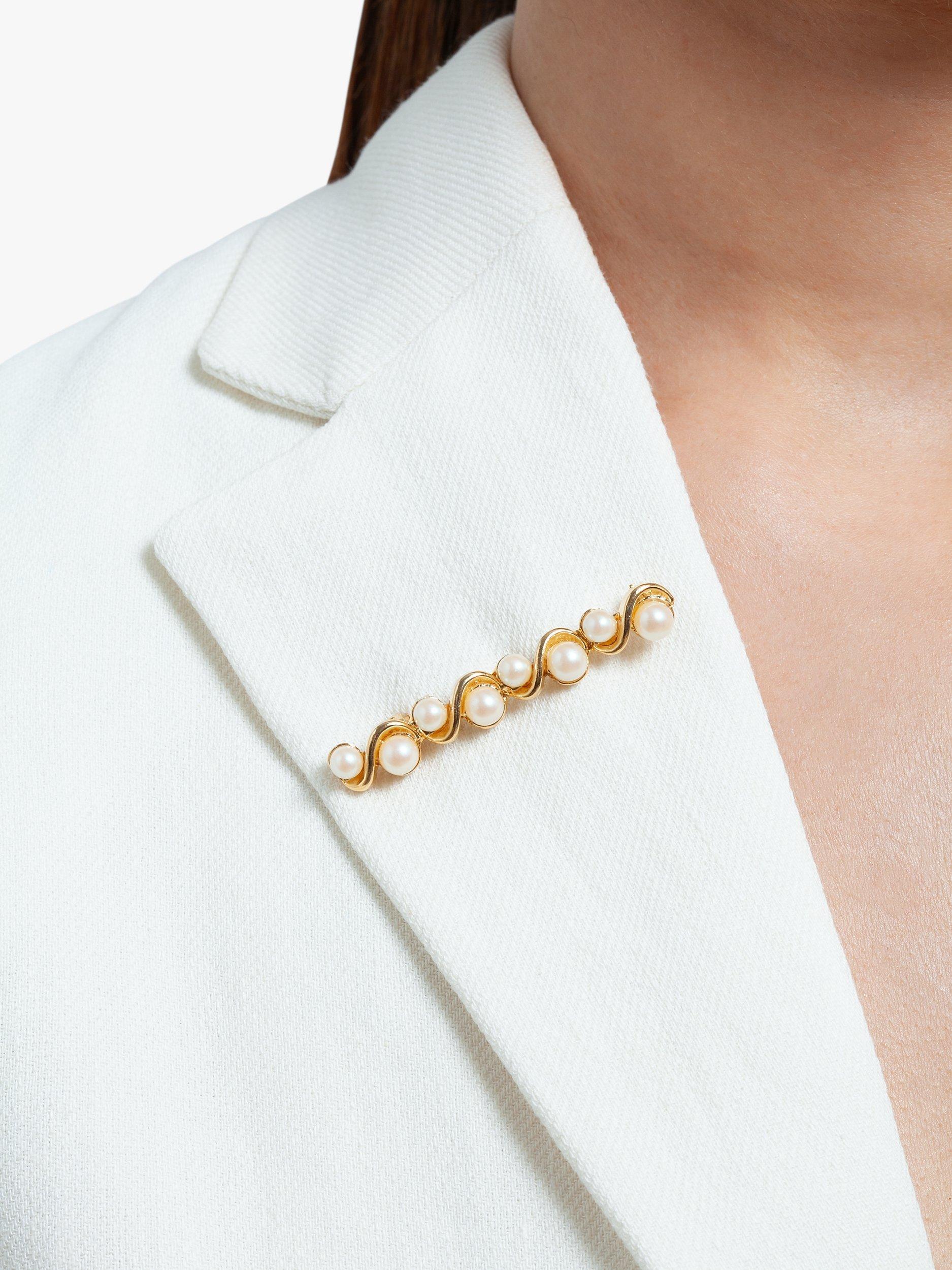 Product image 2 of 2, which shows Susan Caplan Pre-Loved Gold Plated Faux Pearl Bar Brooch, Dated Circa 1990s, Gold/White