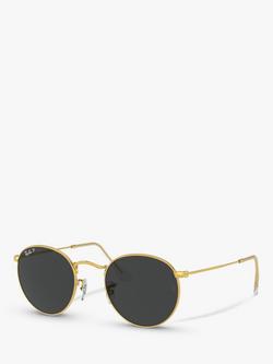 Ray-Ban RB3447 Men's Polarised Round Metal Sunglasses, Gold/Black, Gold/Black