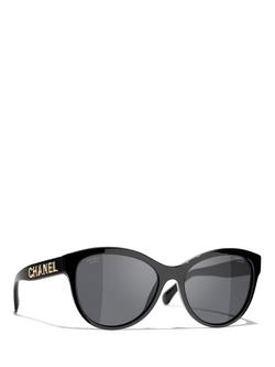 CHANEL CH5458 Women's Polarised Oval Sunglasses, Black/Grey, Black/Grey