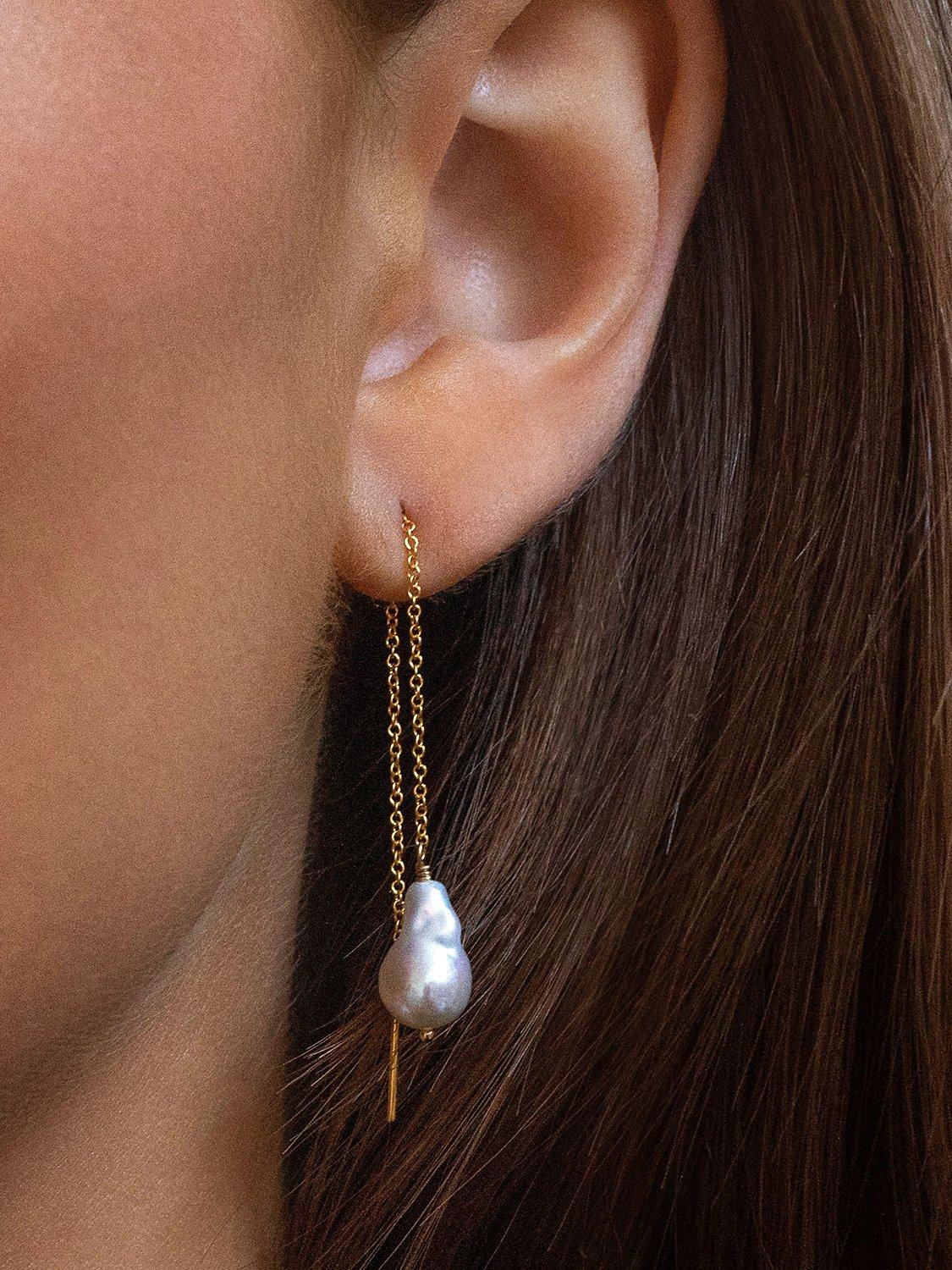 Product image 2 of 3, which shows Leah Alexandra Baroque Pearl Thread Drop Earrings, Gold