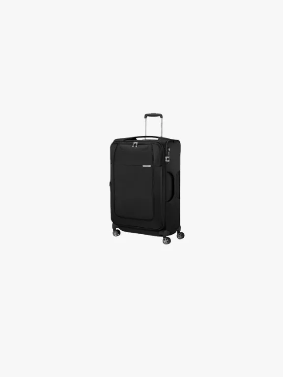Black Samsonite softshell spinner suitcase with telescopic handle, four wheels and built-in combination lock