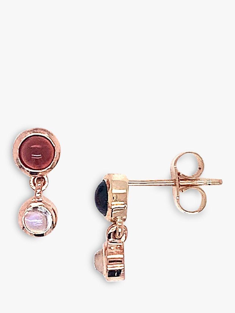 Product image 1 of 3, which shows London Road 9ct Rose Gold Double Stone Drop Stud Earrings, Garnet/Moonstone