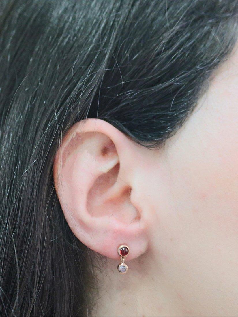 Product image 2 of 3, which shows London Road 9ct Rose Gold Double Stone Drop Stud Earrings, Garnet/Moonstone
