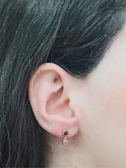 London Road 9ct Rose Gold Double Stone Drop Stud Earrings - view 2, Garnet/Moonstone