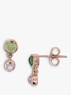 London Road 9ct Rose Gold Double Stone Drop Stud Earrings, Moonstone/Peridot
