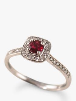E.W Adams 18ct White Gold Cushion Ruby & Diamond Cocktail Ring, N, Silver