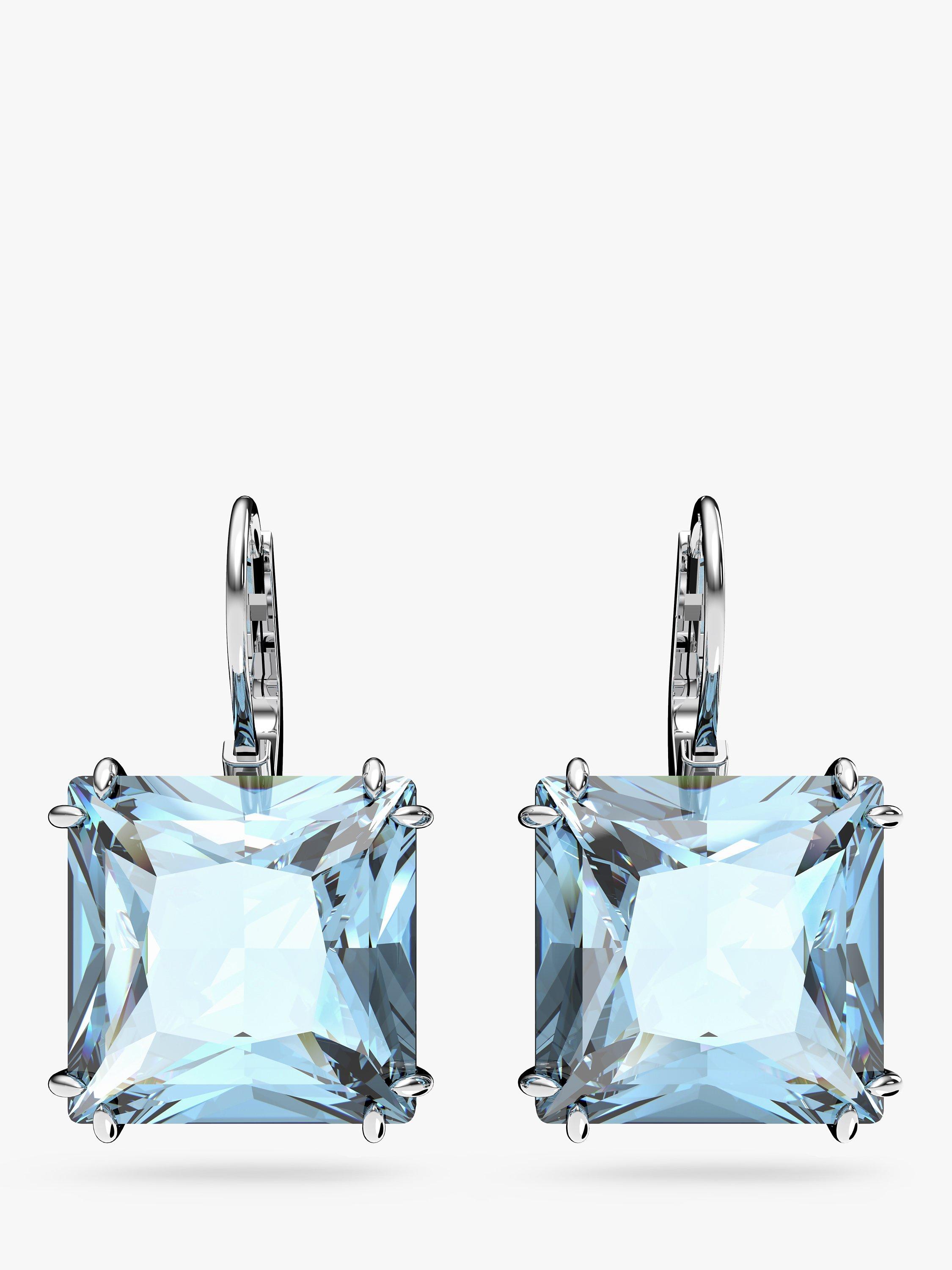 Product image 1 of 2, which shows Swarovski Millenia Square Cut Crystal Drop Earrings, Aquamarine/Silver