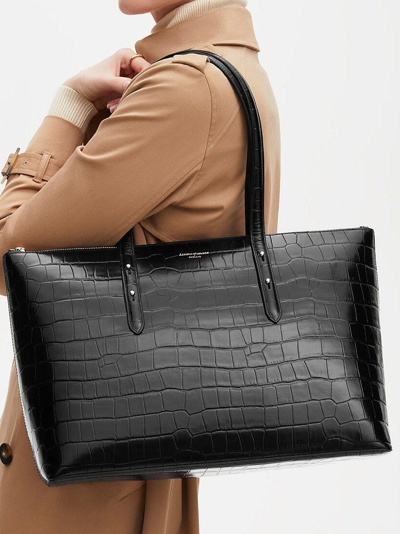 Product image 7 of 7, which shows Aspinal of London Regent Croc Leather Zip Tote Bag, Black