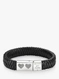 Under the Rose Personalised Men's Fingerprint Hearts Woven Leather Bracelet, Black/Silver