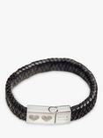 Under the Rose Personalised Men's Fingerprint Hearts Woven Leather Bracelet, Black/Silver