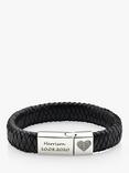 Under the Rose Personalised Men's Fingerprint Heart Braided Leather Bracelet, Black/Silver