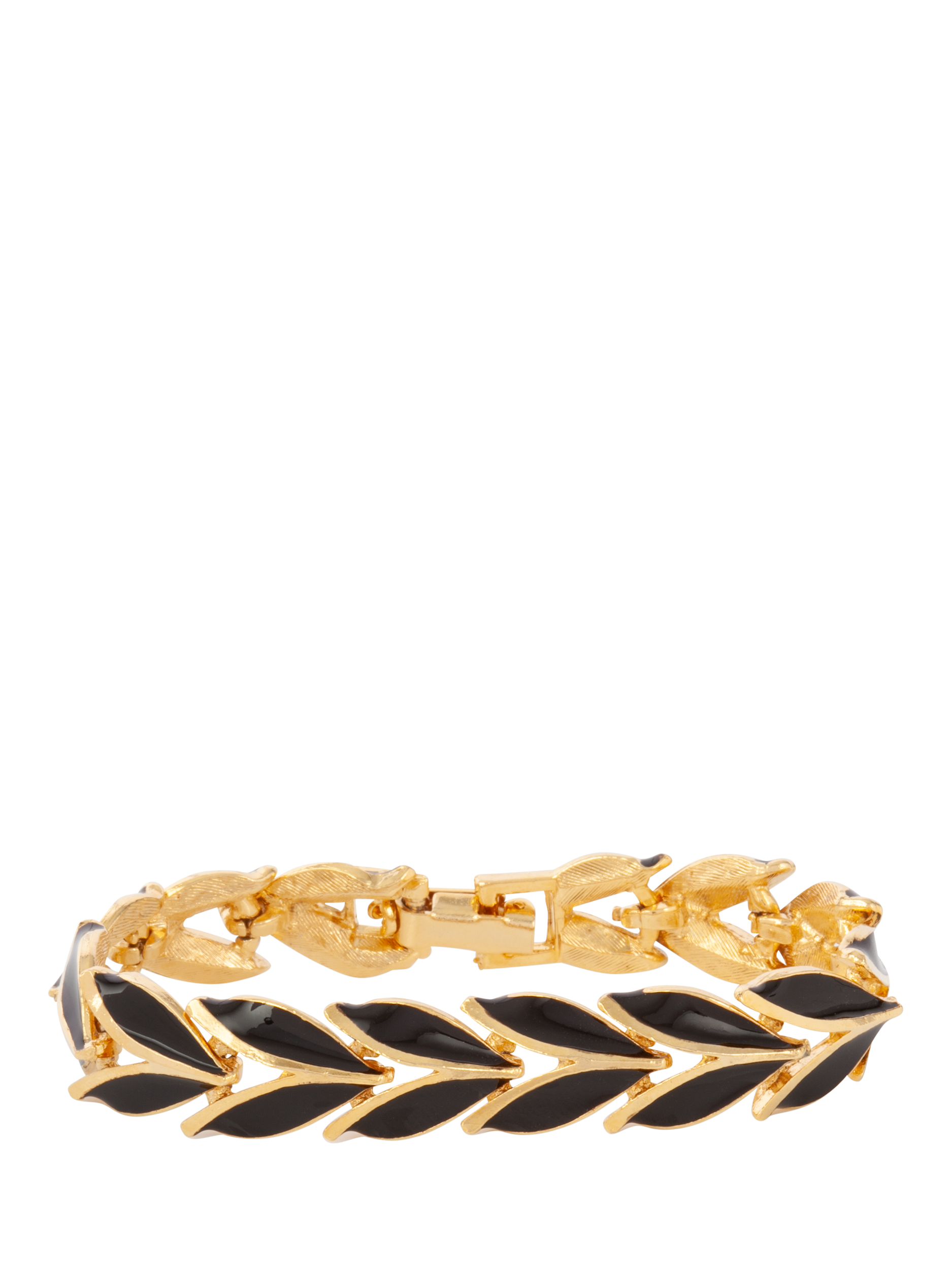 Product image 1 of 2, which shows Susan Caplan Pre-Loved Gold Plated Enamel Leaf Bracelet, Dated Circa 1980s, Gold/Black